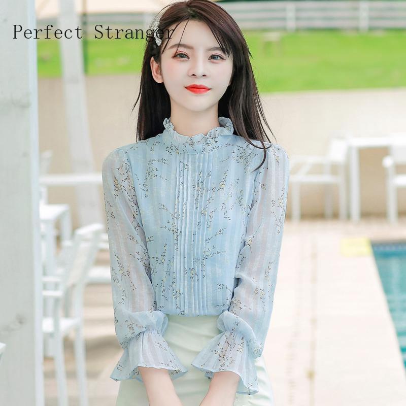 

Summer Arrival Stand Collar Long Sleeve Printed Women Chiffon Blouse High Quality Women's Blouses & Shirts, White