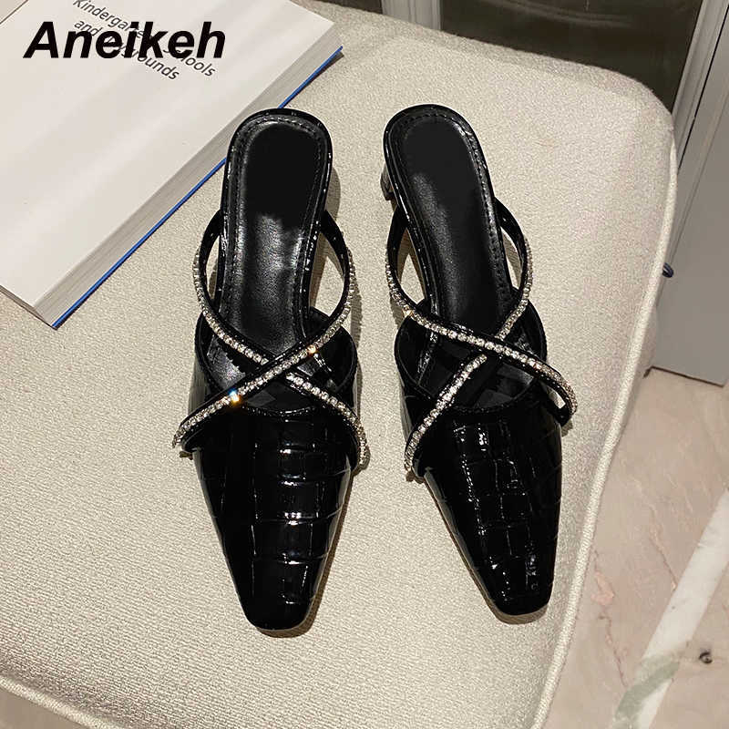 

Aneikeh Spring/Autumn Fashion Shoe Women's Low With Slippers PU Pointed Toe Elegant Outside Thin Heels Bling Shallow Casual 210615, Black