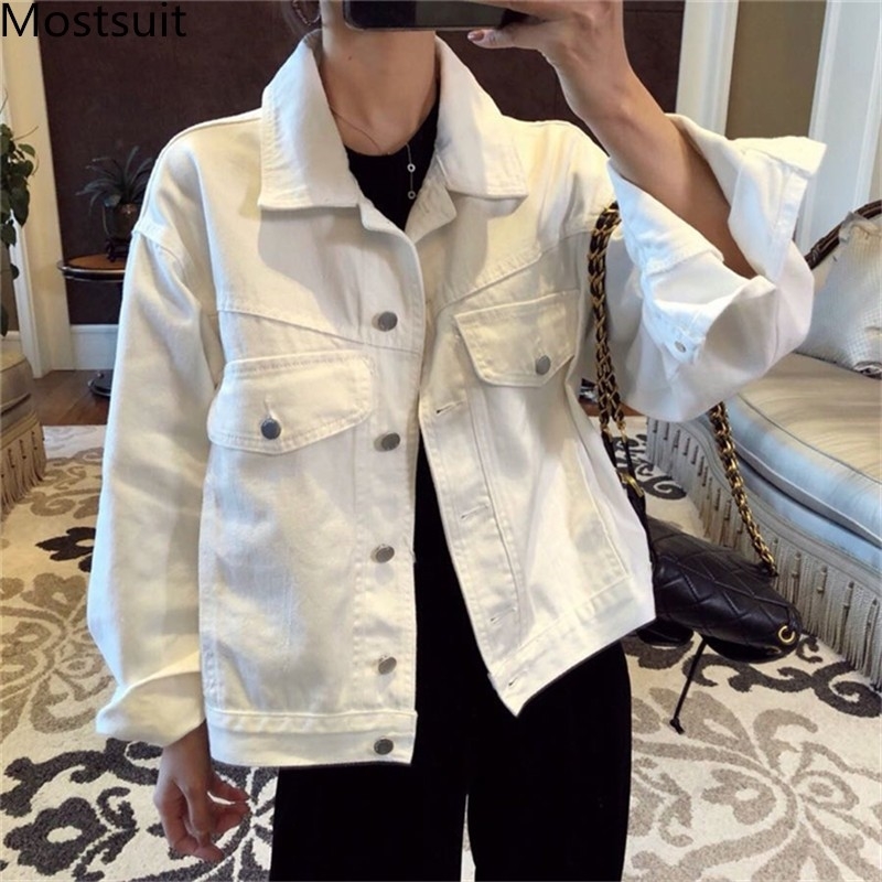 

White Korean Denim Coats Jackets Women Long Sleeve Single-breasted Pockets Tops Solid Fashion Casual Loose Ladies 210518