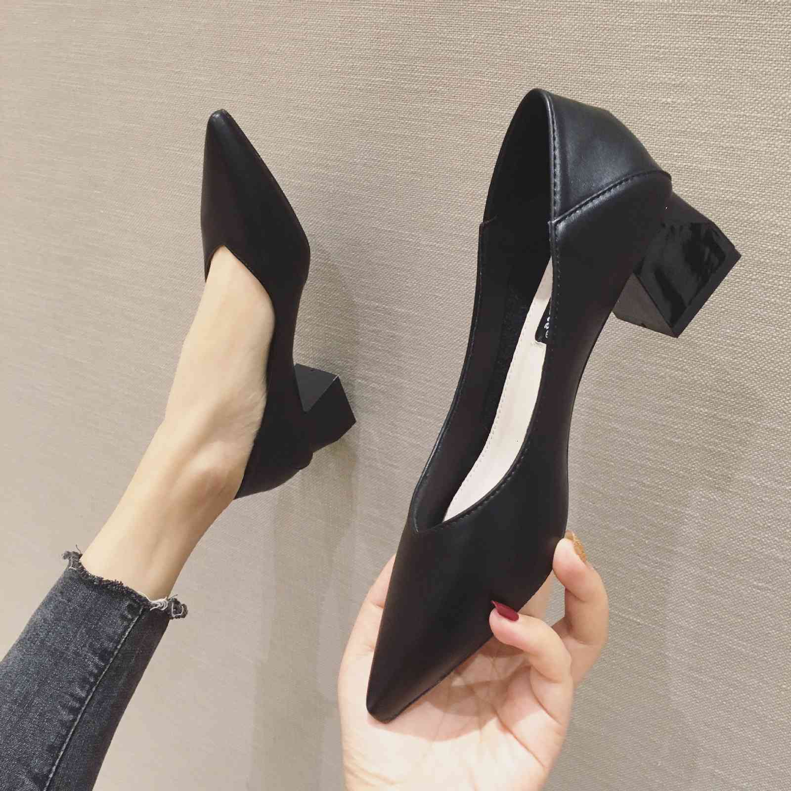 

Women's Mid Heel Dress Shoes spring net red thick heeled high shoes versatile girl's soft leather granny pointed G57C, 1# shoe box