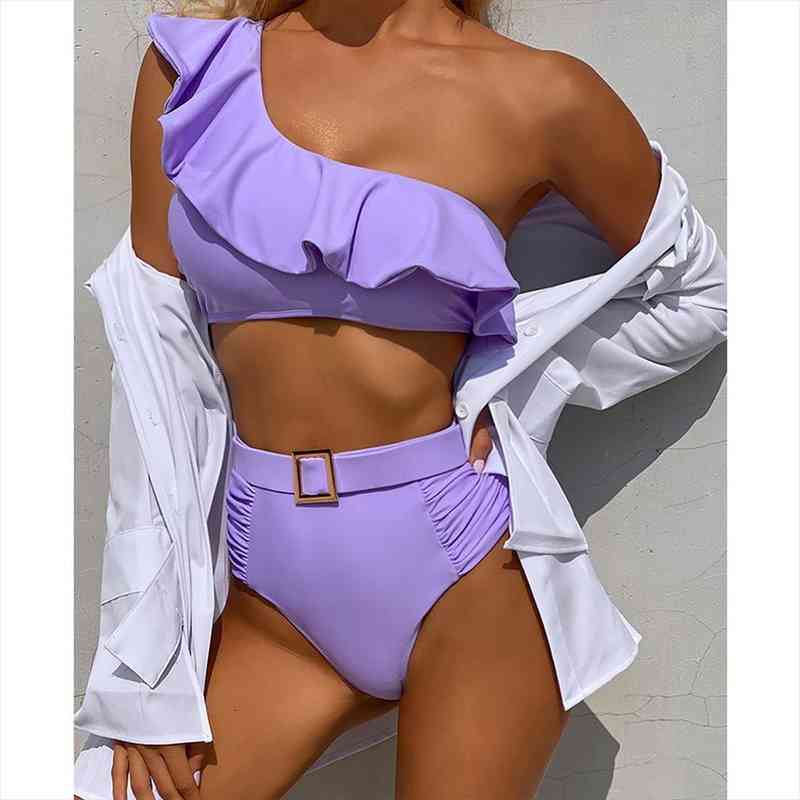 

high waist bikini set solid purple swimwear women swimsuit ruffle strappy beach wear push up bathing suit biquini, White;black