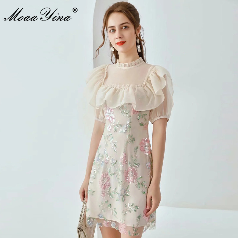 

Fashion Designer dress Summer Women's Dress Short sleeve Ruffles Flowers Sequins Mesh Dresses 210524, Multi