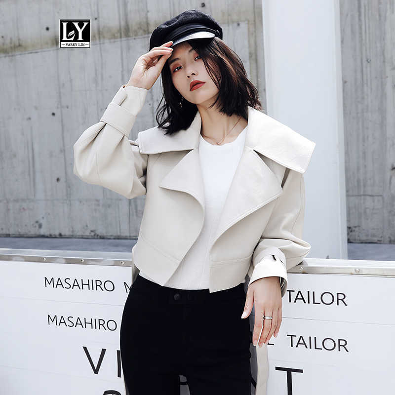 

Ly Varey Lin Faux Soft Leather Short Jacket Women Loose Coats Turndown Collar Sash Tie Up Black Red Overcoat 210526