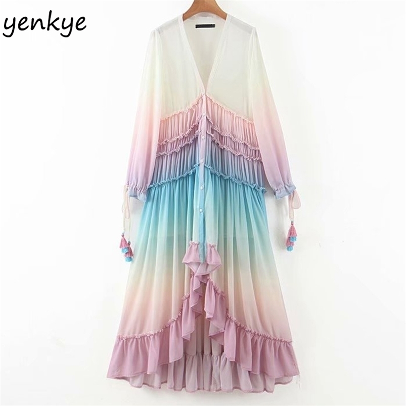 

Multicolor Gradient Print Long Maxi Dres V Neck Sleeve Ruffle Holiday Boho Beach A-line Chiffon Summer 210701, Gray