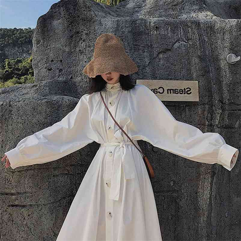 

Women Elegant Frilled Long Sleeve loose midi dress vintage simple solid full sleeve dresses single breasted boho vestido 210517, White
