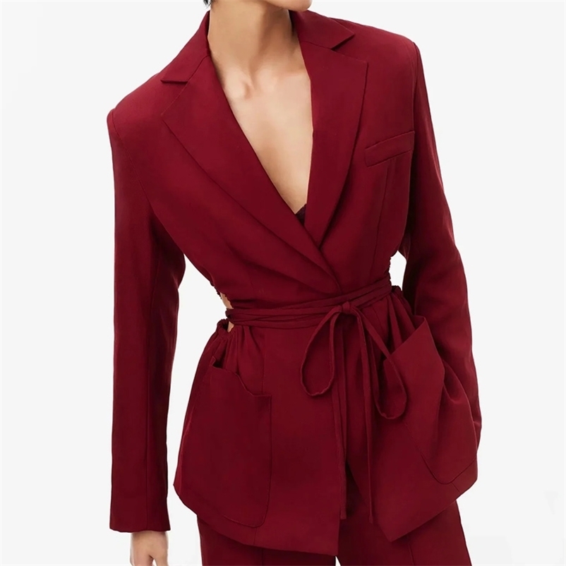 

Women fashion blazer spring wine long sleeve with belt Slim jacket waist drawstring suit s 210524, Claret