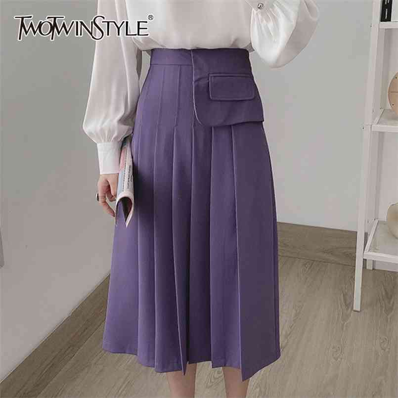 

Pleated Patchwork Pocket Skirt For Women High Waist Casual Korean Midi Skirts Female Fashion Clothing 210521, Black