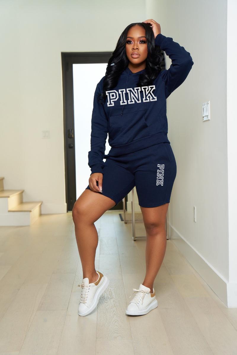 

Women's Tracksuits RMSFE 2022 Ladies Spring Solid Color Sports Casual Letter Pink Printed Long Sleeve Hooded Slim Fit Shorts Two Piece Set, Gray