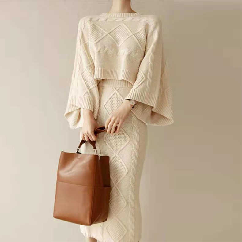 

fashion knit two pieces designed twisted tops pullover + knee dress casual wear versatile soft sweater autumn winter, Customized specifications need to be com