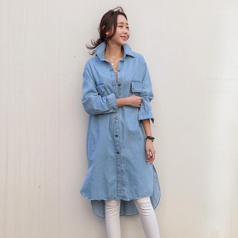

Women's Trench Coats 4XL Plus Size Denim Women Long Thin Loose Spring Autumn Casual Sleeved Pockets Tops TA1996, Blue