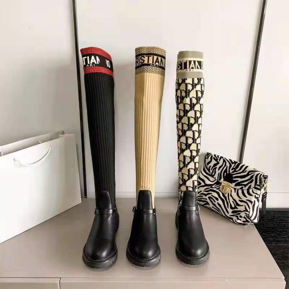 

boots designer fashion original design letter knitted woman 2021 new thin high elastic socks small knee women, Black