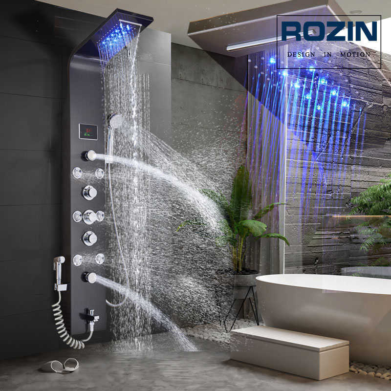 

LED Light Shower Faucet Bathroom Waterfall Rain Black Shower Panel In Wall Shower System with Spa Massage Sprayer and Bidet Tap 211229