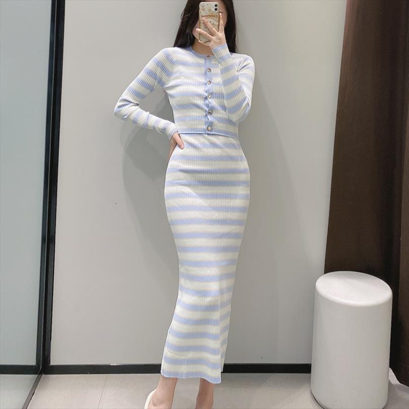 

french thin stripe knitted women tracksuits 2 piece set long sleeve cardigan crop dress sets two sweater suits, Gray