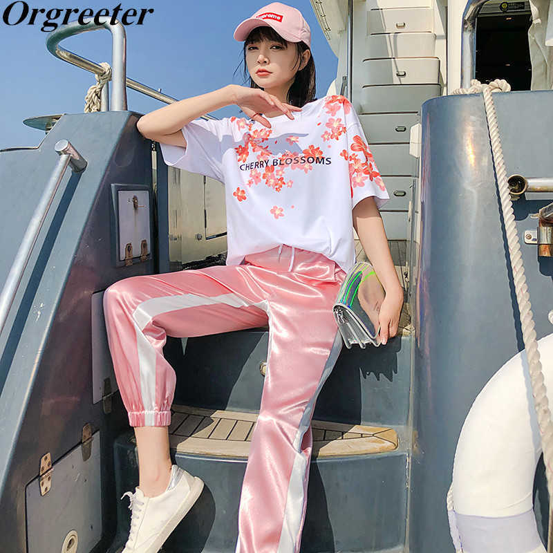 

Casual Tracksuits Women Summer Harajuku brand Cherry blossoms Print Tshirt and loose Pants Sets Two piece outfits 210525, Black