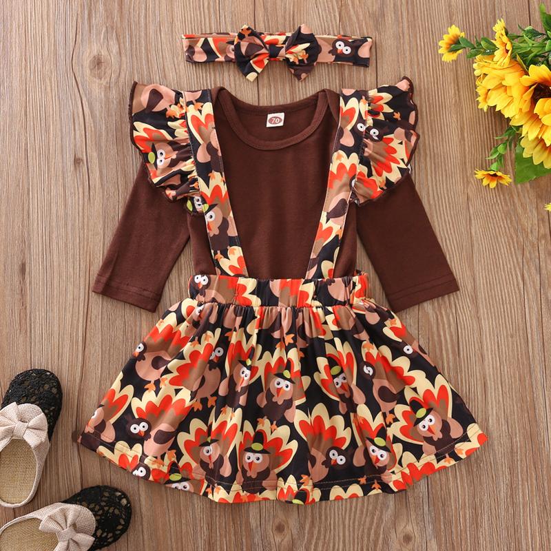 

Clothing Sets 2021 Christmas Among Kids Baby Girl Boy Clothes Born Thanksgiving Solid Romper Tops Suspender Skirts+Headbands, White