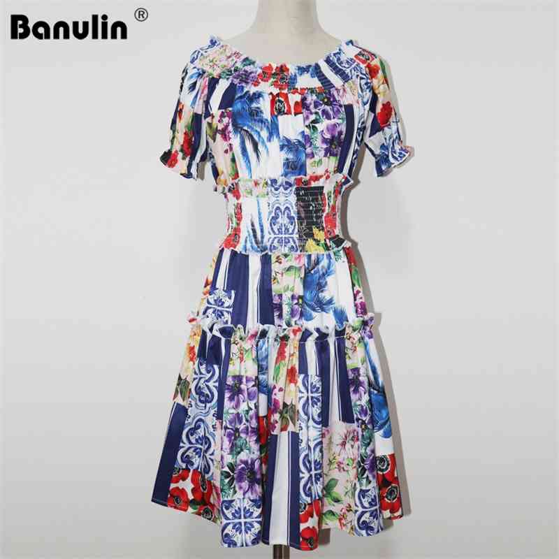 

Banulin Summer Fashion Runway Holiday Beach Dress Elegant Women Spaghetti Strap Puff Sleeve Floral Print Party Short 210603, Blue