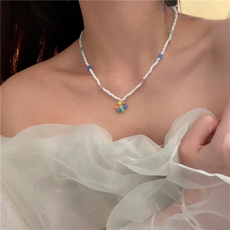 

Chains Cute Colorful Crystal Flower Pearl Bead Pendant Necklace For Women Girl Geometric Short Chain Necklaces Party Jewelry