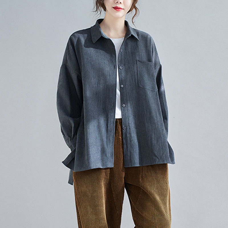 

Women's Blouses & Shirts Spring Autumn Arts Style Women Long Sleeve Loose Single Pocket Cotton Casual Turn-down Collar Blouse Femm, Khaki