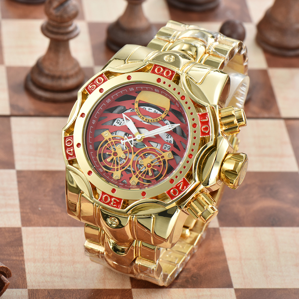 

Mens watches big hollow dial quartz movement watch stainless steel case gold color brazil clock auto date rubber strap heavy weight waterproof Montre De Luxe