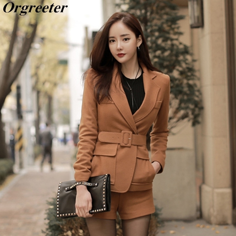 

Elegant OL Shorts Suit Women Woolen Solid Turn-down collar Jacket Blazer With Belt + High Waist Suits Female 2 Piece Sets 210525, Gray