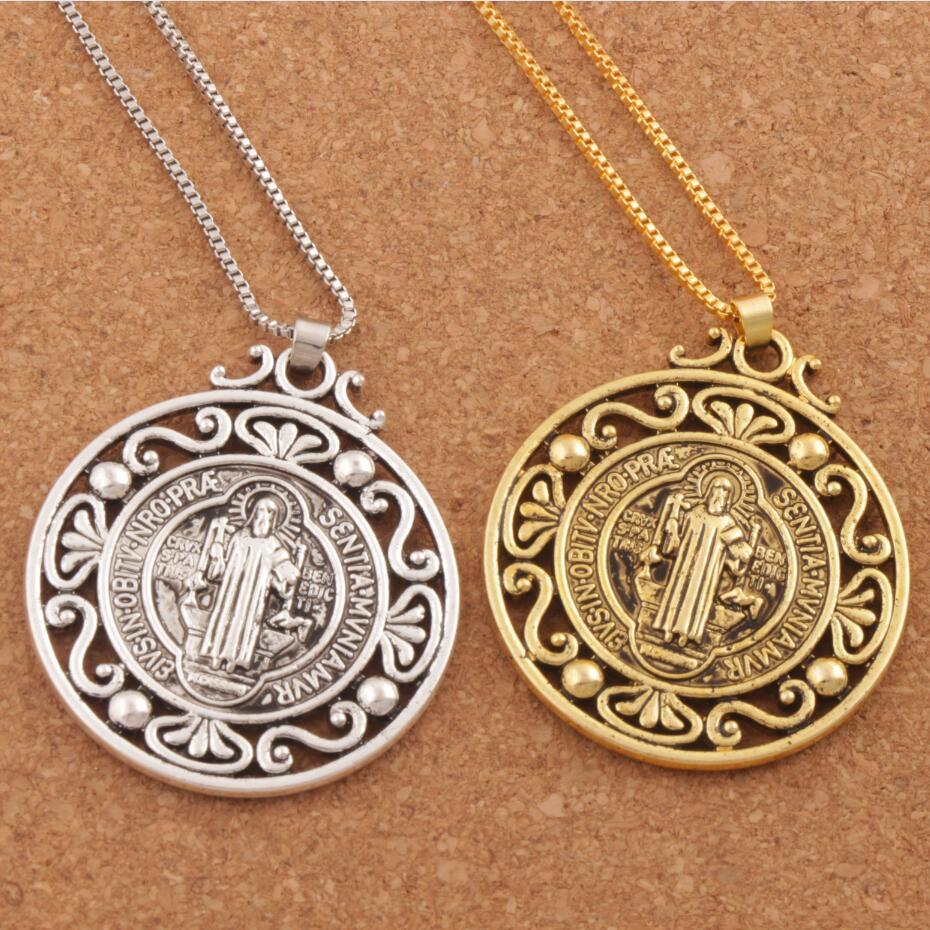 

12pcs Retro Saint St Benedict of Nursia Patron Against Evil Medal Pendant Necklaces N1787 24inches 2Colors