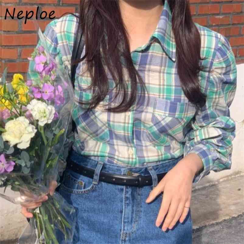 Vintage Plaid Hit Color Blouse Women Turn Down Collar Long Sleeve Single Breast Blusas Spring Causal Shirt Femme 210422Z