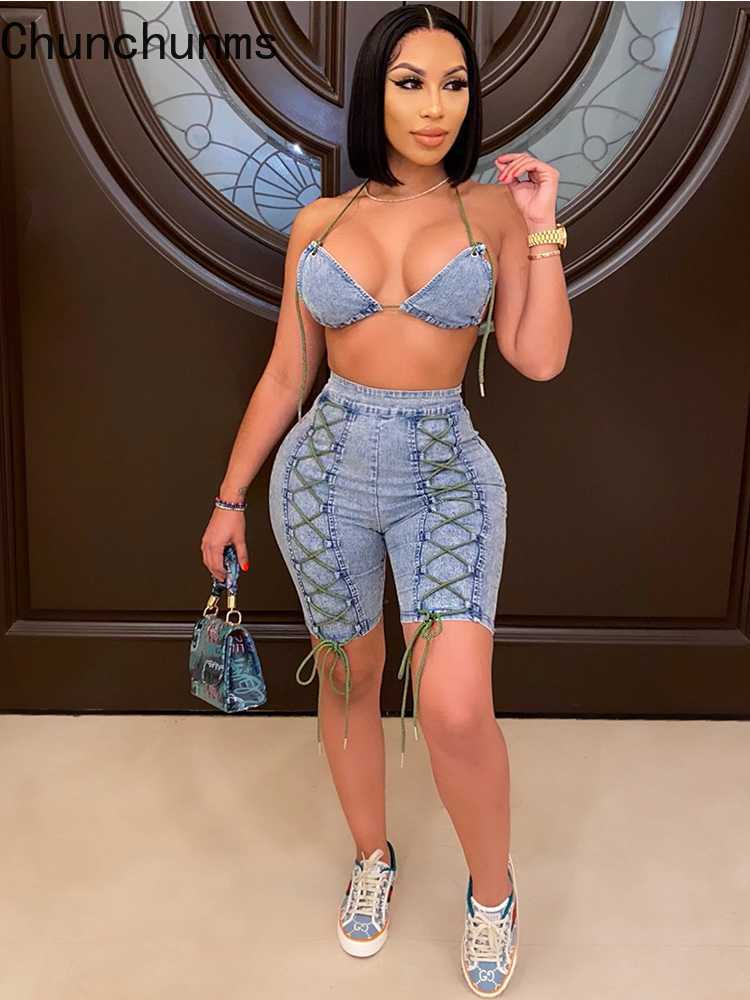 

Demin 2 Piece Set Backless Lace Up Sleeveless Top And Shorts Matching Tracksuit 2021 Summer Club Bandage Outwear For Women Y0719, Packing bag