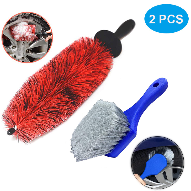 

2PCS Car Wheel Cleaning 18" Long Soft Bristle Easy Reach Tire Rim Detail Brush Multipurpose For Engine Exhaust Tip Grill