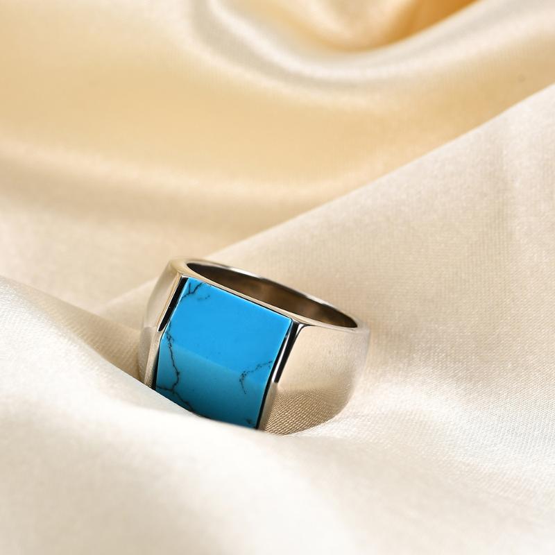 

Wedding Rings High Quality Turquoise Signet Ring For Men Stainless Steel Square Blue Stone Vintage Jewelry Gift Accessories