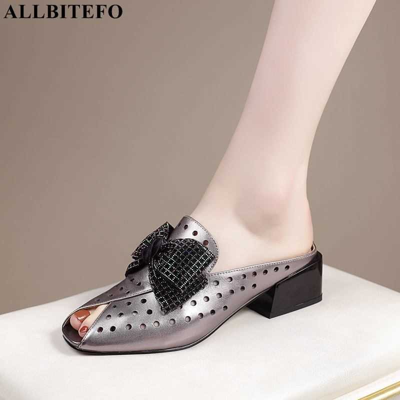 

ALLBITEFO size:34-42 genuine leather bowtie thick heels party women shoes high heels shoes summer women slippres girls sandals 210611, As picture