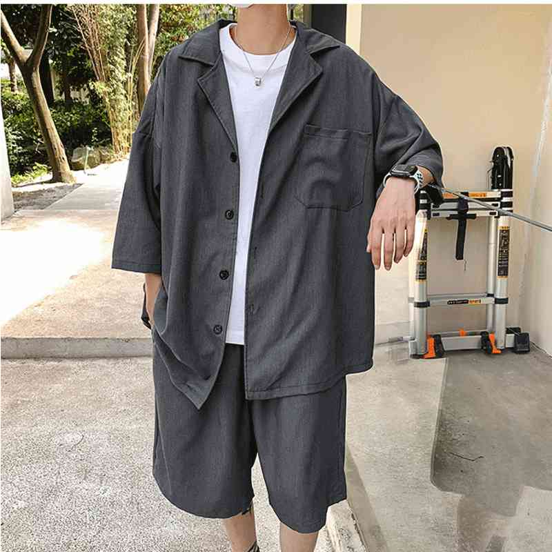 

men's tracksuits men casual sets shirt with shorts summer thin sleeve polyester baggy knee-length pant oversize clothing yfig, Gray