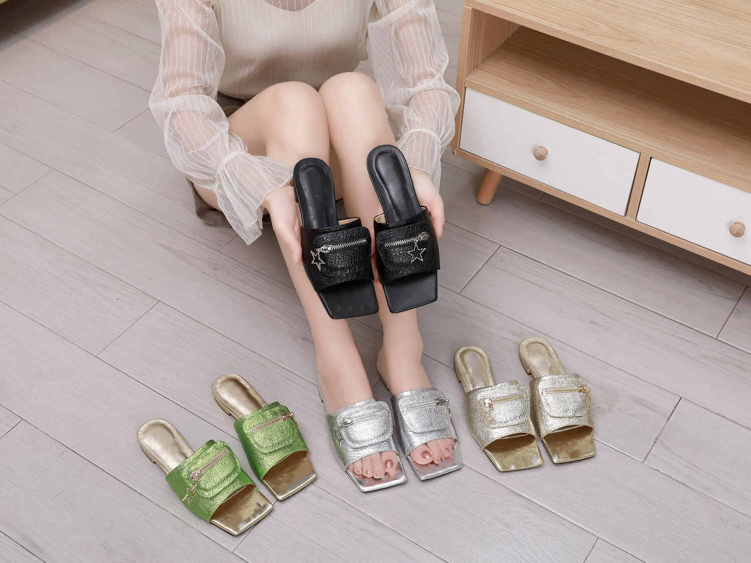 

women square toe open-toe chunky heel sandals slippers women's summer outside shoes, Black