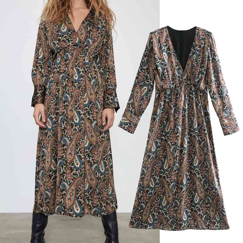 

Casual Dresses Fashion Silk texture Retro printing long sleeve Ladies Loose V-Neck Vestidos Spring midi MNYO, Army green