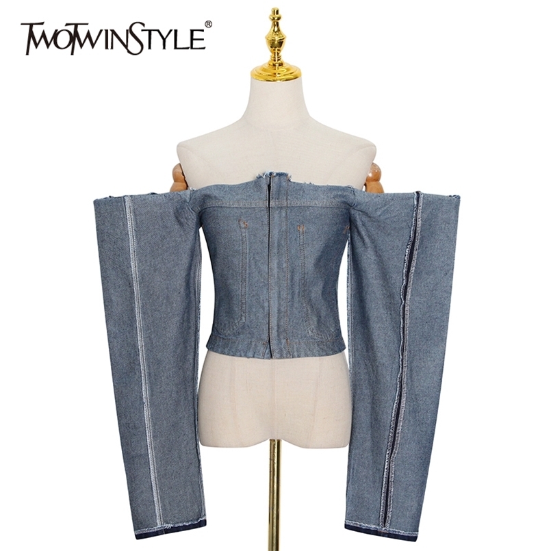 

Casual Off Shoulder Shirt For Women Slash Neck Long Sleeve Slim Sexy Blouse Female Fashion Clothing 210524, Blue