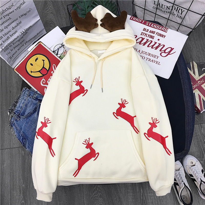 

Christmas Cartoon Antler Sweater Women Plus Velvet Thick Autumn and Winter All-match Hoodie Jacket, Black