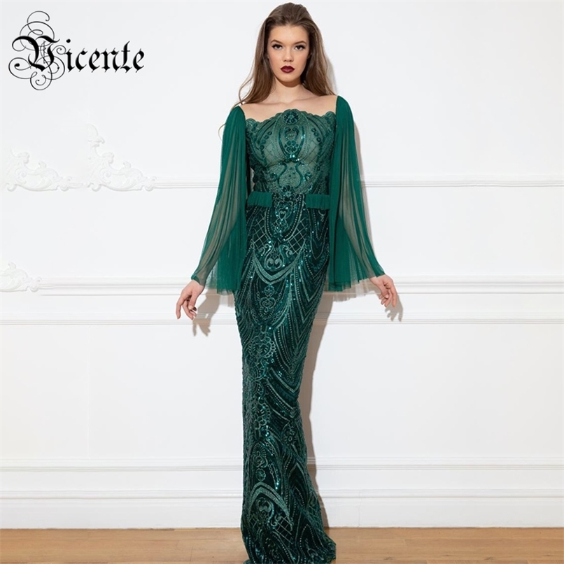 

Trendy Green Long Dress Ruffles Sequins Design Sleeves Celebrity Party Maxi 210520