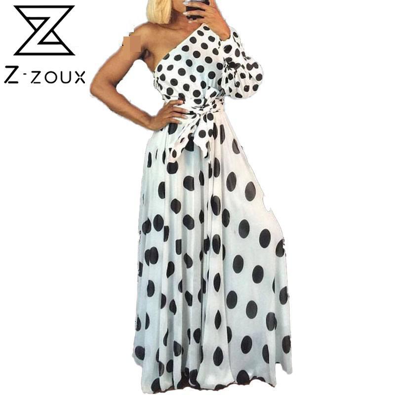 

Women Dress Dot Printed Bow Tie Maxi Asymmetrical One Shoulder Temperament Long es Autumn Plus Size 210524, Black and white