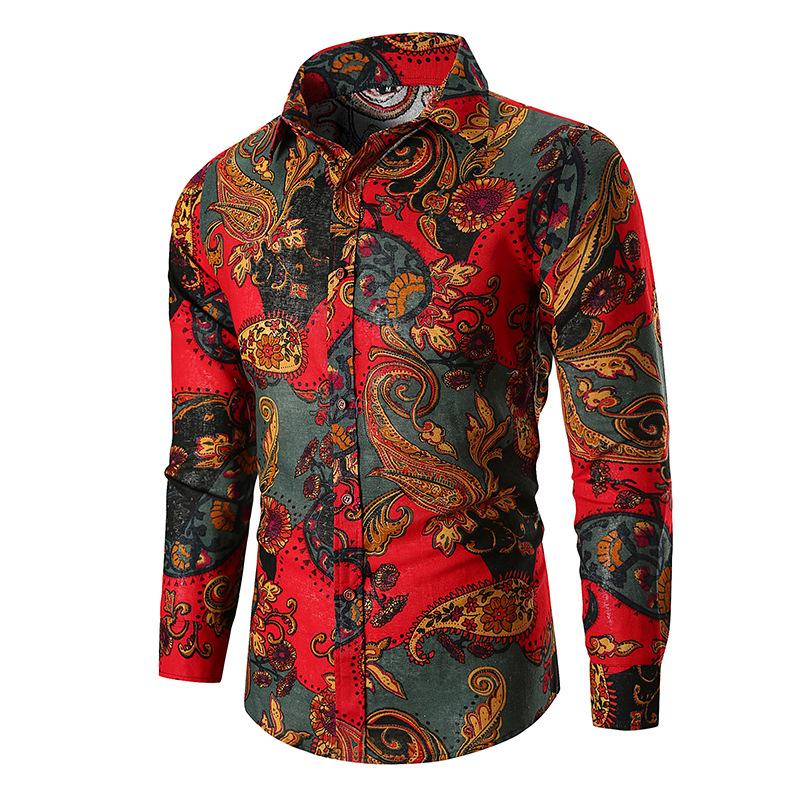 

Vintage Print Hawaiian Shirt Men Long Sleeve Regular Fit Flowal Botton Down Wedding Comfortable Party Dress Chemise Homme Men's Shirts, Red
