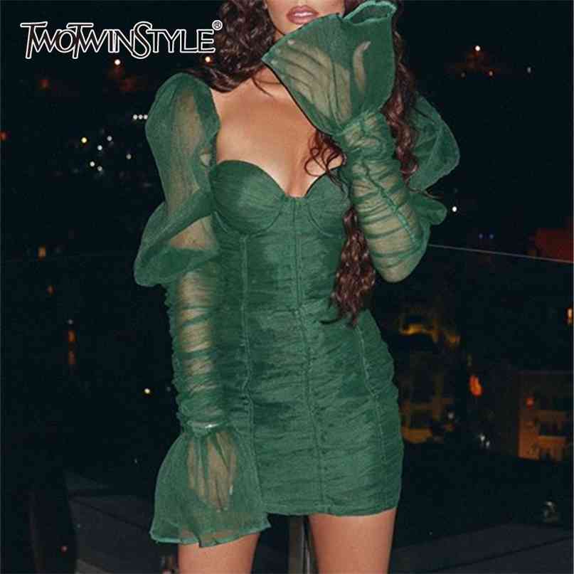 

Green Sexy Patchwork Mesh Dresses For Women Square Collar Puff Long Sleeve Ruched Dress Female Fashion Clothing 210520
