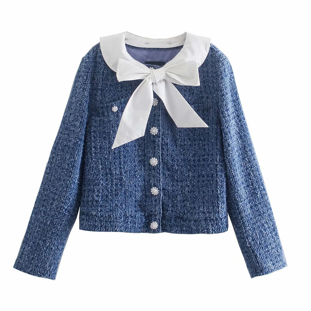 

BBWM Fashion Vintage Women Blue Tweed Jacket Bow Collar Removable Single-breasted Pocket Long Sleeve Female Coat Casaco Femme 210520, As picture