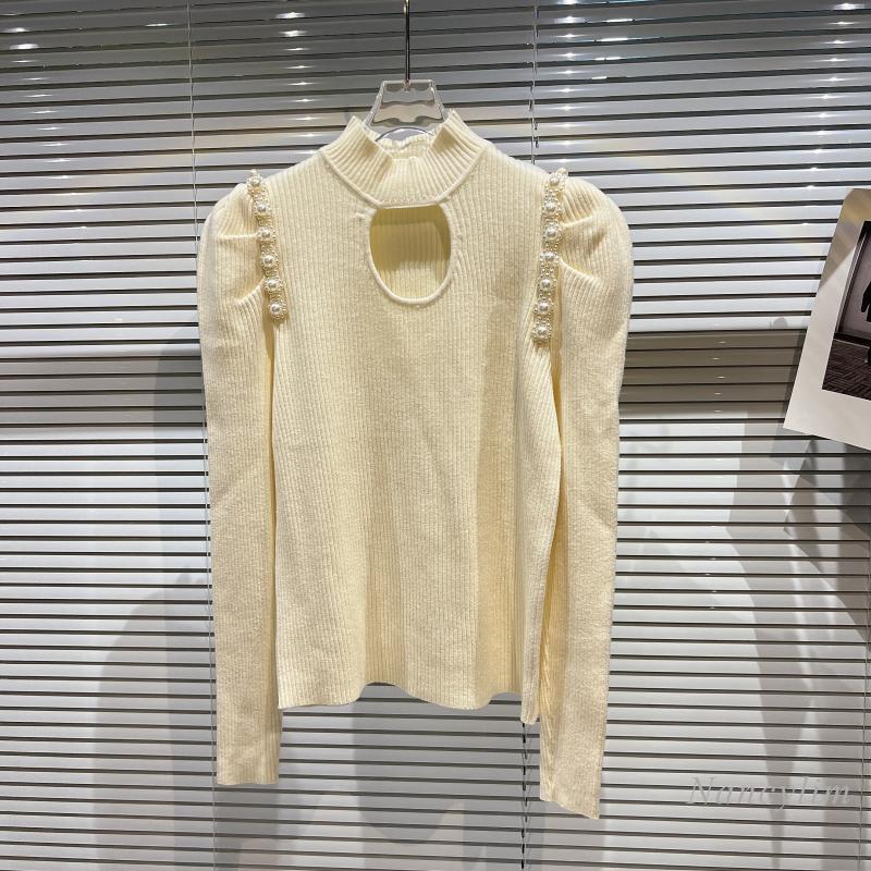 

Women's Sweaters Stand Collar Sweater Women 2021 Winter Pearl Hollow Chest Padded Shoulder Knitwear Stretch Knitted Top Femme Solid Color, Black