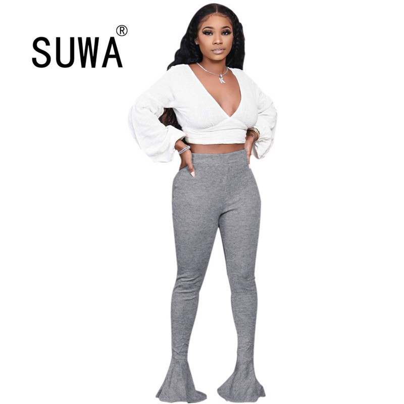 

Two Piece Set Women Deep V Neck Long Puff Sleeve Crop Top Tunic + Flare Trousers Clothing Sets Sexy Club Outfits 210525, Gray