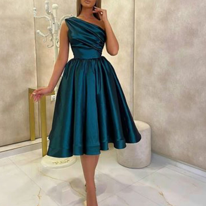 

New Arrival One shoulder Short Evening dresses Woman Party Night Satin Cocktail jurken Cheap Cocktail Dress 2021 Prom Gowns, Hunter green