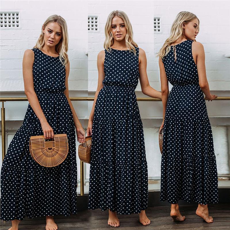 

women dresses bobo casual dark blue boho loose sleeveless holiday dot print long maxi dress evening party beach summer sundress, Black;gray