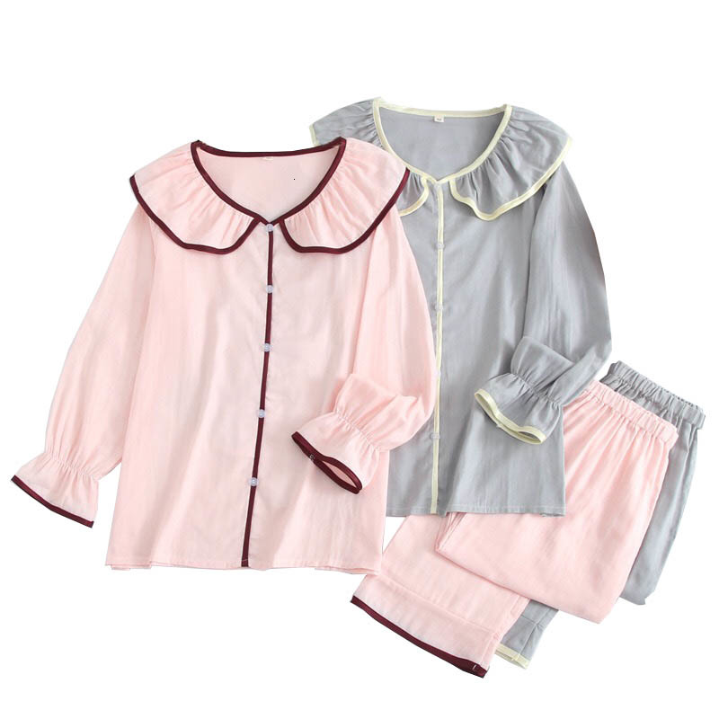 

Women's Sleepwear Spring And Autumn New Ladies Pajamas Set Sweet Doll Collar Homewear Simple Style Solid Color Cardigan+Pants 2pcs, Grey