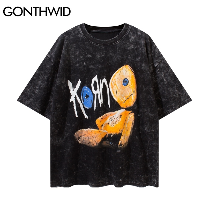 

Tshirts Streetwear Hip Hop Puppet Print Ripped Distressed Destroyed Tees Shirts Harajuku Mens Casual Short Sleeve Tops 210602, Black