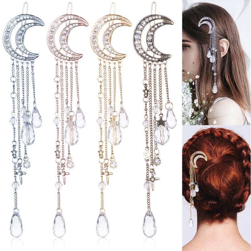 

Hair Clips & Barrettes 4PCS Fashion Elegant Lady Moon Rhinestone Crystal Tassel Long Chain Beads Dangle Hairpin Women Bands Clip Jewelry, Golden;silver