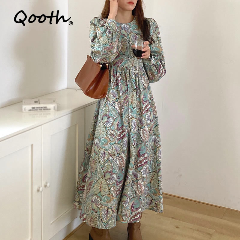

Qooth Woman Dress Floral Print Loose Janpan Harujuku Long Sleeve Maxi Dresses O-neck Casual Long Dress Vestidos QT459 210518, Purple