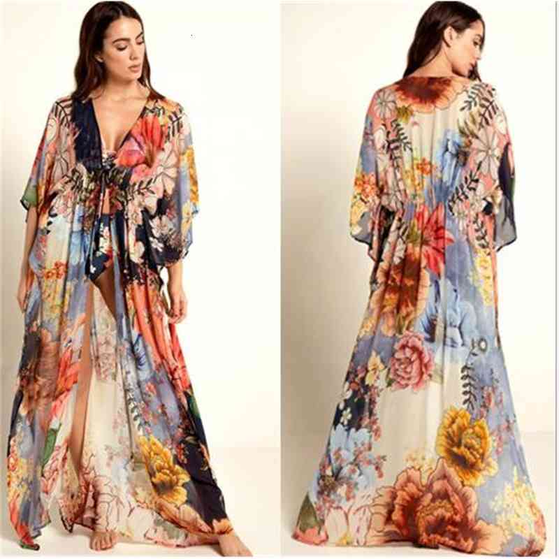 

Casual Dresses Multicolored Cover-Ups Swimwear Bohemian Floral Printed Long Kimono Cardigan Cotton Tunic Women Plus Size Beach Wear Swimsuit Cover Up 8J3W, Color as shows