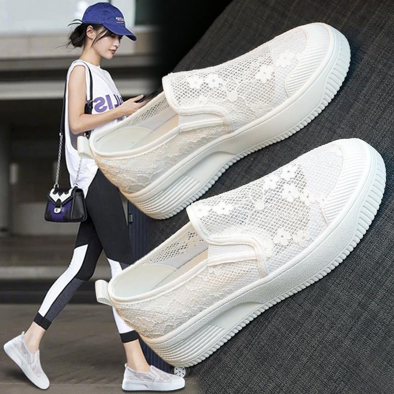

Dress Shoes Summer Casual Fashion A Pedal Lace Mesh Breathable Elastic Band Shallow Cover Heel Flat With High Quality Thick Bottom, Black